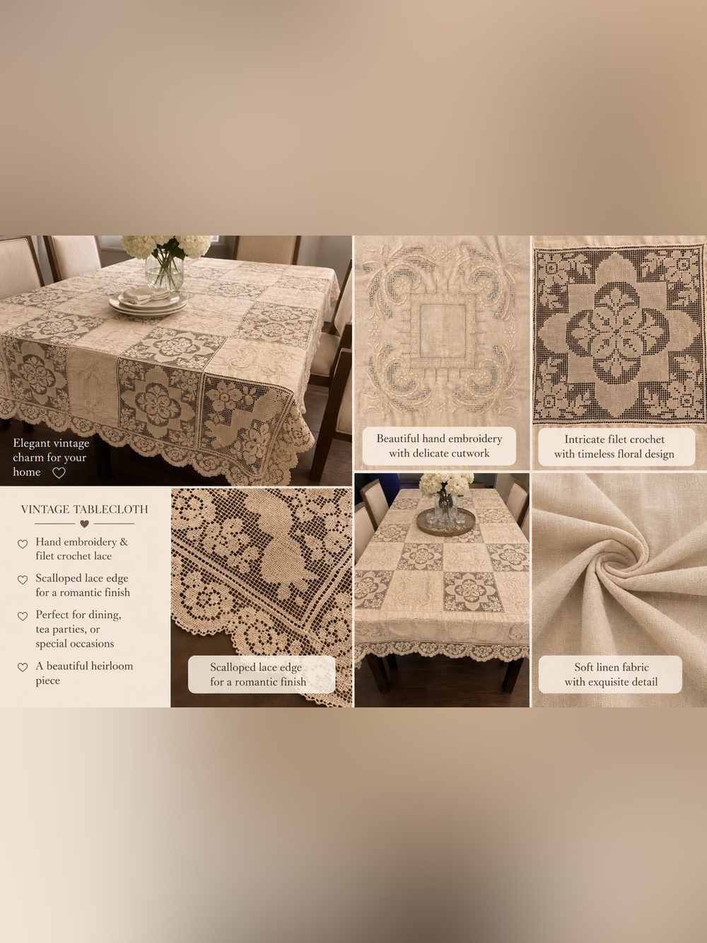 Vintage White Lace Rectangle Tablecloth